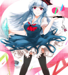 Rule 34 | 1girl, ascot, baton, baton (weapon), black thighhighs, blue dress, blue hair, book, breasts, brooch, chalk, circle, clothes lift, cowboy shot, dress, dress lift, eraser, expandable baton, frilled dress, frills, fujiwara no mokou, gem, gradient hair, hat, holding, holding book, jewelry, kamishirasawa keine, koke (moromiso), looking at viewer, multicolored hair, notebook, puffy short sleeves, puffy sleeves, rectangle, red eyes, ribbon, ruler, short sleeves, smile, standing, suspenders, thighhighs, touhou, triangle, weapon, zettai ryouiki
