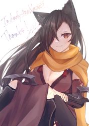 Rule 34 | 1girl, animal ears, black hair, breasts, cat ears, commission, fire emblem, fire emblem fates, hair over one eye, highres, japanese clothes, kagero (fire emblem), large breasts, long hair, looking at viewer, mizuku, nintendo, scarf, skeb commission, solo, upper body