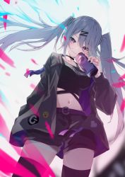 Rule 34 | 1girl, belt, black jacket, black tank top, can, dive to zone, energy, energy drink, grey hair, hair ornament, hair tie, hairclip, highres, holding, holding can, jacket, long hair, looking at viewer, midriff, motoi (croa76), patch, power symbol, power symbol-shaped pupils, product girl, purple eyes, short shorts, shorts, smile, symbol-shaped pupils, tank top, thighhighs, twintails day, very long hair, zone (energy drink), zonko