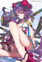 Rule 34 | 1girl, artist name, ass, bare arms, bare legs, bare shoulders, bead bracelet, beads, bikini, blue eyes, blush, bracelet, breasts, cleavage, closed mouth, collarbone, fate/grand order, fate (series), feet, floral print, flower, goggles, goggles on head, hair flower, hair ornament, hong (white spider), jewelry, katana, katsushika hokusai (fate), katsushika hokusai (swimsuit saber) (fate), knee up, legs, long hair, looking at viewer, low twintails, medium breasts, octopus, platform clogs, platform footwear, purple hair, sandals, sitting, swimsuit, sword, thighs, toes, tokitarou (fate), twintails, very long hair, weapon, white bikini