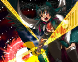 Rule 34 | 1girl, arm cannon, black hair, bow, breasts, cape, female focus, hair bow, large breasts, long hair, notsuru, red eyes, reiuji utsuho, solo, thighhighs, third eye, touhou, weapon, wings