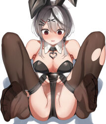 Rule 34 | 1girl, @ @, absurdres, animal ear hairband, animal ears, bare shoulders, black collar, black hair, black leotard, blush, breasts, cleavage, collar, detached collar, fake animal ears, feet, fingerless gloves, gloves, grey hair, hair ornament, heart pendant, highres, hololive, large breasts, legs up, leotard, leotard lift, lifting own clothes, medium hair, multicolored hair, no shoes, open mouth, playboy bunny, rabbit ear hairband, rabbit ears, red eyes, sakamata chloe, shinomu (cinomoon), simple background, soles, solo, strapless, strapless leotard, streaked hair, thighhighs, toes, torn clothes, torn thighhighs, virtual youtuber, white background, x hair ornament