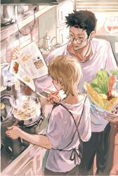 Rule 34 | 2boys, 637 00e seran, apron, basket, black hair, black pants, blonde hair, book, bottle, cable, carrot, casual, chopsticks, cookbook, cooking, cooking pot, corn, cup, dated, day, earrings, fish tank, food, from above, glasses, hand up, height difference, highres, holding, holding book, holding chopsticks, hunter x hunter, indoors, jewelry, kettle, kitchen, kurapika, leorio paladiknight, lid, male focus, multiple boys, open book, pants, pointing, potato, reading, refrigerator, round eyewear, shirt, short hair, short sleeves, sideburns, smile, standing, steam, stove, t-shirt, teacup, teapot, tile wall, tiles, vegetable, white shirt, window blinds