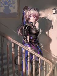 Rule 34 | 1girl, animal ears, arknights, black dress, black pantyhose, dress, eyebrows hidden by hair, feet out of frame, hand on railing, highres, jiu yang, lamp, lin (arknights), long hair, long sleeves, looking at viewer, mouse ears, mouse girl, mouse tail, painting (object), pantyhose, parted lips, pink eyes, pink hair, railing, shadow, solo, stairs, swept bangs, tail