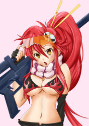 Rule 34 | 1girl, :o, absurdres, adjusting eyewear, anti-materiel rifle, asymmetrical gloves, bare shoulders, bikini, bikini top only, blush, breasts, cleavage, commentary, elbow gloves, eyebrows hidden by hair, eyewear on head, fingerless gloves, flame print, gloves, gun, hair between eyes, hair ornament, head tilt, highres, large breasts, long hair, looking at viewer, midriff, navel, pink background, ponytail, red hair, rifle, scarf, short shorts, shorts, sidelocks, simple background, single elbow glove, skull hair ornament, sniper rifle, solo, standing, striped clothes, striped scarf, sunglasses, swimsuit, tengen toppa gurren lagann, underboob, uneven gloves, upper body, weapon, yam (yam6056), yellow eyes, yoko littner