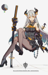 Rule 34 | 1girl, 7lark, artistic error, bad id, bad pixiv id, bare shoulders, black gloves, claw (weapon), crossed legs, demon tail, dress, ear piercing, full body, gloves, high heels, horns, invisible chair, long hair, looking at viewer, original, pantyhose, piercing, pleated dress, pointy ears, pumps, shoe soles, shoulder tattoo, sitting, solo, striped clothes, striped dress, sword, tail, tattoo, vertical-striped clothes, vertical-striped dress, very long hair, weapon, white hair, yellow eyes