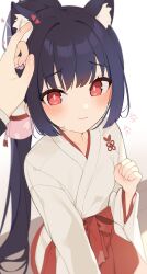 Rule 34 | 1boy, 1girl, animal ears, black hair, blue archive, blush, cat ears, closed mouth, heart, highres, inuyama nanami, japanese clothes, long sleeves, looking at viewer, miko, ponytail, pov, pov hands, red eyes, sensei (blue archive), serika (blue archive), serika (new year) (blue archive), side ponytail, smile, touching another&#039;s ear, wavy mouth
