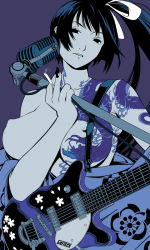 Rule 34 | 1girl, blue hair, breasts, cherry blossoms, cigarette, cropped, flower, gretsch, guitar, hair ribbon, instrument, japanese clothes, kimono, large breasts, long hair, microphone, microphone stand, nail, nail polish, natsume aya, nipples, nose, oogure ito, ponytail, purple theme, ribbon, simple background, smoking, solo, tattoo, tenjou tenge, topless, vector trace, very long hair, yukata