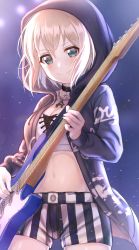 Rule 34 | 1girl, absurdres, aoba moca, bang dream!, black collar, black jacket, blue background, blue eyes, blush, breasts, cleavage, collar, collarbone, commentary, cowboy shot, crop top, drawstring, electric guitar, gohan (lupina1023), grey hair, guitar, hair between eyes, highres, holding, holding instrument, holding plectrum, hood, hood up, hooded jacket, instrument, jacket, jewelry, light particles, long sleeves, looking at viewer, medium breasts, midriff, music, navel, necklace, open clothes, open jacket, playing instrument, plectrum, short hair, short shorts, shorts, sidelocks, smile, solo, stage lights, standing, striped clothes, striped shorts, vertical-striped clothes, vertical-striped shorts