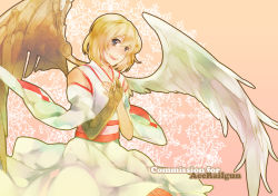 Rule 34 | 1girl, angel, angel wings, asymmetrical wings, blonde hair, borrowed character, breasts, cassie (acerailgun), cyborg, feathered wings, grey eyes, hands on own chest, japanese clothes, kimono, mechanical arms, mechanical wings, original, ravee of titans, single mechanical arm, small breasts, smile, solo, wings