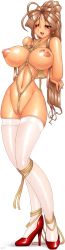 Rule 34 | 1girl, aa megami-sama, absurdres, arms behind back, bdsm, belldandy, blush, bondage, bound, breasts, cleft of venus, crotch rope, facial mark, female focus, forehead mark, high heels, highres, huge breasts, mashitaka, nude, one eye closed, shibari, simple background, solo, standing, thighhighs, uncensored, white background, white thighhighs, wink