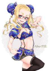 Rule 34 | &gt;:d, 1girl, :d, bandeau, bare arms, beads, black thighhighs, blonde hair, blue eyes, blue skirt, blush, breasts, bun cover, chinese clothes, commentary request, cropped jacket, dekomegane, double bun, eyelashes, eyewear strap, fighting stance, floral print, frills, garter straps, glasses, hair bun, hairband, lace, lace-trimmed legwear, lace background, lace trim, leg up, long hair, looking at viewer, miniskirt, navel, open mouth, original, puffy short sleeves, puffy sleeves, red-framed eyewear, sasetsu, short sleeves, skirt, skirt set, small breasts, smile, solo, standing, standing on one leg, stomach, suspenders, tassel, thick eyebrows, thighhighs, tongue, v-shaped eyebrows, white background