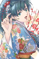 1girl blue_kimono breasts commentary_request delsaber earrings fire_emblem fire_emblem:_the_blazing_blade floral_print floral_print_kimono from_side gold_earrings green_hair hair_ornament hand_up high_ponytail highres japanese_clothes jewelry kimono large_breasts long_hair long_sleeves looking_at_viewer lyn_(fire_emblem) nintendo obi open_mouth ponytail print_kimono sash solo upper_body wide_sleeves