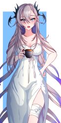 Rule 34 | 1girl, absurdres, bandaged leg, bandages, blue eyes, blush, breasts, cleavage, coffee, coffee mug, collarbone, cup, dress, gradient hair, grey hair, hair between eyes, hand on own hip, head wings, highres, holding, holding cup, ibispaint (medium), iida pochi. (vtuber), indie virtual youtuber, medium breasts, mole, mole under mouth, mug, multicolored hair, open mouth, pochimaru (vtuber), pochimaru (vtuber) (4th costume), red nails, side slit, solo, strapless, strapless dress, suebacktea, teardrop facial mark, tentacle hair, two-tone background, virtual youtuber, white dress, wings
