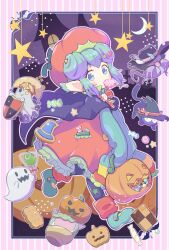 Rule 34 | 1girl, absurdres, black cape, black cat, black headwear, blue eyes, bucket, candy, cape, cat, cookie, crescent, donguri gaeru, double bun, eyelashes, food, food in mouth, frilled ribbon, frills, ghost, green footwear, grey hair, hair bun, hair ornament, halloween, halloween bucket, hat, highres, holding, holding bucket, holding candy, holding food, holding lollipop, horns, jawbreakers, jazz grace, lidelle (puyopuyo), lollipop, long sleeves, looking at viewer, mouth hold, pants, popoi (puyopuyo), print pants, pumpkin hat, puyo (puyopuyo), puyopuyo, puyopuyo fever, red ribbon, ribbon, sidelocks, sleeves past fingers, sleeves past wrists, star (sky), star (symbol), star hair ornament, star print, striped border, witch hat, wrapped candy, yellow horns