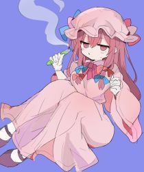 Rule 34 | 1girl, 76gpo, black footwear, blue background, bow, dress, full body, hair bow, hat, highres, holding, holding test tube, long sleeves, looking at viewer, mob cap, one-hour drawing challenge, open mouth, patchouli knowledge, pink dress, pink hat, purple eyes, purple hair, sidelocks, simple background, sitting, smoke, solo, sweatdrop, test tube, touhou, white legwear, wide sleeves