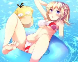 Rule 34 | 10s, 1girl, afloat, arm behind head, bad id, bad pixiv id, barefoot, bikini, blonde hair, blue eyes, blush, breasts, creatures (company), feet, female protagonist (pokemon go), game freak, gen 1 pokemon, highres, in water, innertube, legs, long hair, looking at viewer, multicolored bikini, multicolored clothes, navel, nintendo, open mouth, partially submerged, pokemon, pokemon (creature), pokemon go, ponytail, psyduck, sidelocks, swim ring, swimsuit, underboob, water, z.nov