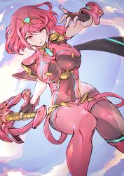 Rule 34 | 1girl, aegis sword (xenoblade), breasts, highres, holding, holding sword, holding weapon, large breasts, outside border, pyra (xenoblade), red eyes, red hair, short hair, solo, sword, ug333333, weapon, xenoblade chronicles (series), xenoblade chronicles 2