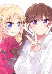 2girls absurdres black_hair blonde_hair blue_eyes blue_hair blush brown_hair brown_nails character_pin closed_mouth commentary_request fang fang_out fujishima_megumi gradient_hair highres hood hood_down hoodie kan_kanna light_blue_hair link!_like!_love_live! long_hair long_sleeves looking_at_viewer love_live! multicolored_hair multiple_girls osawa_rurino parted_bangs photo-referenced pink_hoodie purple_eyes seeno_de!_hasu_no_sora! selfie simple_background sleeves_past_wrists smile split_mouth tsukine_kona twintails upper_body virtual_youtuber voice_actor_connection watage_modoki white_background white_hoodie