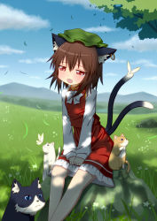 Rule 34 | 1girl, animal, animal ears, brown hair, bug, butterfly, cat, cat ears, cat tail, chen, cloud, day, earrings, female focus, field, grass, hat, bug, jewelry, long sleeves, monmonga, multiple tails, open mouth, red eyes, rock, short hair, sky, solo, tail, tears, touhou, tree