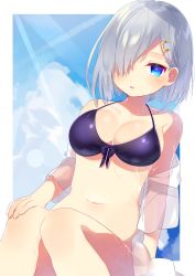 Rule 34 | 10s, 1girl, alternate costume, bad id, bad twitter id, bikini, bikini top only, blue eyes, breasts, cleavage, day, eyebrows, hair ornament, hair over one eye, hairclip, hamakaze (kancolle), highres, kantai collection, large breasts, looking at viewer, mafuyu (chibi21), navel, open mouth, purple bikini, short hair, silver hair, sky, solo, swimsuit