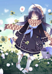 Rule 34 | 1girl, argyle, blue hair, blue hallelujah, blush, boots, bucket, cloud, clover, clover (flower), coat, closed eyes, flower, four-leaf clover, hat, heart, paint can, paintbrush, plaid, plaid scarf, ribbon, scarf, sky, smile, solo, standing, twintails