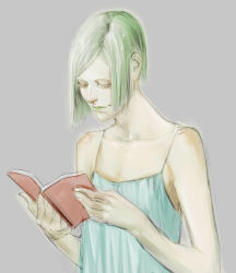 Rule 34 | 00s, 1girl, blonde hair, book, camisole, green hair, green lips, grey background, ikeda masateru, image sample, kate ashley, lips, looking down, red garden, short hair, simple background, sketch, solo, upper body