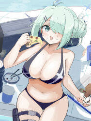 Rule 34 | 1girl, absurdres, ahoge, bikini, black bikini, blue archive, blush, breasts, chicken (food), cleavage, collarbone, commentary request, food, green eyes, hair bun, hair ornament, hair over one eye, highres, hiyori (blue archive), holding, holding food, holding pizza, katsuhiko (bone hiko), large breasts, light green hair, looking at viewer, navel, open mouth, pizza, poolside, pouch, short hair, single hair bun, solo, swimsuit, thigh pouch