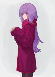 Rule 34 | 1girl, bad link, buttons, chorefuji, closed mouth, coat, commentary request, from side, hands up, highres, long hair, long sleeves, looking to the side, original, own hands together, pantyhose, purple coat, purple hair, scarf, simple background, sleeves past fingers, sleeves past wrists, solo, white background