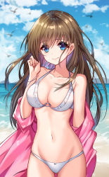 Rule 34 | 1girl, absurdres, animal, bare shoulders, bikini, bird, blue eyes, blue sky, blurry, blurry background, breasts, brown hair, cleavage, cloud, collarbone, commentary request, cowboy shot, day, depth of field, gluteal fold, groin, hair between eyes, highres, jacket, long hair, medium breasts, navel, o-ring, o-ring bikini, o-ring top, ocean, off shoulder, original, outdoors, pink jacket, shanguier, sky, solo, swimsuit, very long hair, water, white bikini, wind
