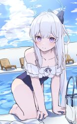 Rule 34 | 1girl, absurdres, bare arms, bare legs, bare shoulders, barefoot, blue archive, blue halo, blue one-piece swimsuit, blush, breasts, casual one-piece swimsuit, cleavage, closed mouth, collarbone, day, frilled one-piece swimsuit, frills, grey hair, halo, heimu (heim kstr), highres, long hair, looking at viewer, miyako (blue archive), miyako (swimsuit) (blue archive), off-shoulder one-piece swimsuit, off shoulder, official alternate costume, official alternate hairstyle, one-piece swimsuit, outdoors, ponytail, pool, purple eyes, small breasts, smile, solo, swimsuit, water
