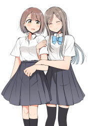 Rule 34 | 2girls, ^ ^, absurdres, betock, black socks, black thighhighs, blue bow, blue bowtie, blush, bob cut, bow, bowtie, breasts, brown hair, closed eyes, closed mouth, collared shirt, commentary request, dress shirt, earrings, grey hair, grey skirt, highres, jewelry, kneehighs, locked arms, long hair, medium breasts, multiple girls, open mouth, original, pleated skirt, school uniform, shirt, shirt tucked in, short hair, short sleeves, simple background, skirt, smile, socks, stud earrings, thighhighs, white background, white shirt, yellow eyes, yuri, zettai ryouiki
