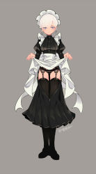 Rule 34 | 1girl, apron, apron lift, black dress, black footwear, black panties, black thighhighs, blue eyes, character cutout, clothes lift, crotch cutout, dress, full body, garter straps, grey background, highres, long dress, long sleeves, looking at viewer, maid, maid headdress, mole, mole under eye, original, panties, pleated dress, puffy long sleeves, puffy sleeves, shi jun ti, simple background, smile, solo, standing, thighhighs, twitter username, underwear, victorian maid, waist apron, white apron, white hair