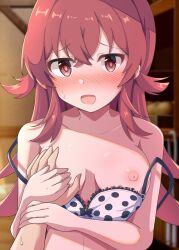 Rule 34 | 1girl, 1other, absurdres, blurry, blush, bra, breasts, check commentary, collarbone, commentary request, ginmugi, grabbing, grabbing another&#039;s breast, hair between eyes, hair flaps, highres, holding hands, idolmaster, idolmaster shiny colors, indoors, komiya kaho, long hair, looking at viewer, medium breasts, nipples, open mouth, polka dot, polka dot bra, pov, red eyes, red hair, sidelocks, smile, strap slip, sweat, underwear, white bra