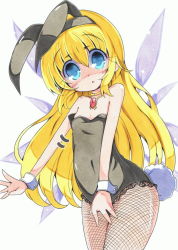 Rule 34 | 00s, 1girl, animal costume, animal ears, blonde hair, blue eyes, blush, colette brunel, fake animal ears, fishnet pantyhose, fishnets, flat chest, hairband, leotard, long hair, milkpanda, pantyhose, playboy bunny, rabbit ears, rabbit tail, solo, tail, tales of (series), tales of symphonia, traditional media, very long hair, wardrobe malfunction, white background, wings, wrist cuffs