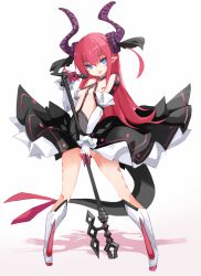 Rule 34 | 10s, 1girl, black dress, blue eyes, boots, breasts, dress, elizabeth bathory (fate), elizabeth bathory (fate/extra ccc), elizabeth bathory (first ascension) (fate), fate/extra, fate/extra ccc, fate (series), gloves, highres, horns, idol, karukan (monjya), knee boots, legs, long hair, microphone, pink hair, pointy ears, revealing clothes, simple background, small breasts, smile, solo, sweat, white background, white footwear, white gloves