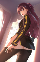 Rule 34 | 1girl, ass, black pantyhose, blazer, commentary, cowboy shot, curtains, dutch angle, evening, framed breasts, gan-viking, girls&#039; frontline, hair ribbon, half updo, high-waist skirt, highres, indoors, jacket, locker, long hair, looking at viewer, no panties, one side up, open mouth, pantyhose, purple hair, red eyes, red ribbon, ribbon, skirt, solo, strap, sunlight, thighs, very long hair, wa2000 (girls&#039; frontline)