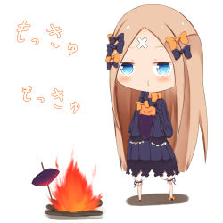 Rule 34 | 1girl, abigail williams (fate), black bow, black dress, black footwear, blonde hair, bloomers, blue eyes, blush, bow, bug, butterfly, campfire, chibi, closed mouth, commentary request, crossed bandaids, dress, eating, fate/grand order, fate (series), food, hair bow, highres, holding, holding food, insect, long hair, long sleeves, no headwear, hugging object, orange bow, parted bangs, polka dot, polka dot bow, shadow, sleeves past fingers, sleeves past wrists, solo, standing, stuffed animal, stuffed toy, su guryu, sweet potato, teddy bear, translation request, underwear, very long hair, white background, white bloomers