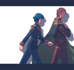 Rule 34 | 2boys, black cape, blonde hair, blue eyes, blue hair, blue jacket, blue pants, cape, char&#039;s counterattack, char aznable, closed mouth, empty eyes, from side, green cape, gundam, hair slicked back, highres, jacket, kamille bidan, letterboxed, long sleeves, male focus, military uniform, multiple boys, pants, pin (penco co), red jacket, red pants, serious, short hair, shoulder boards, simple background, two-sided cape, two-sided fabric, uniform, walking, white background