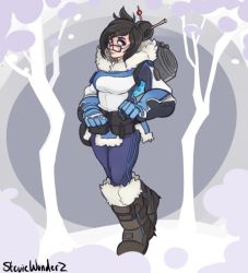 Rule 34 | breasts, glasses, mei (overwatch), nachonachoz, overwatch, overwatch 1, simple background, solo, thick thighs, thighs, winter, winter clothes