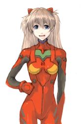 Rule 34 | &gt;:d, 1girl, :d, alternate hair color, arm at side, blue eyes, bodysuit, bracer, breasts, brown hair, clenched hand, cowboy shot, facing viewer, gloves, hair between eyes, hand on own hip, happy, headgear, long hair, looking at viewer, neon genesis evangelion, nightrain, nitoren, open mouth, pilot suit, plugsuit, silver hair, simple background, sketch, skinny, small breasts, smile, solo, souryuu asuka langley, standing, turtleneck, twintails, two side up, v-shaped eyebrows, white background