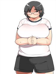 Rule 34 | 1girl, black hair, blush, breasts, fat, glasses, highres, huge breasts, shimejix, short hair, smile, solo, sweat