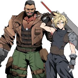 Rule 34 | 2boys, arm cannon, arm up, armor, baggy pants, barret wallace, belt, black hair, black tank top, blonde hair, blue eyes, blue pants, blue sweater, brown gloves, brown vest, buster sword, chest hair, clenched hand, closed mouth, cloud strife, collarbone, cowboy shot, crazy02oekaki, dark-skinned male, dark skin, dog tags, facial hair, facial scar, final fantasy, final fantasy vii, final fantasy vii remake, fingerless gloves, gloves, green pants, hair between eyes, hand up, highres, holding, holding sword, holding weapon, huge weapon, male focus, multiple boys, muscular, muscular male, open mouth, pants, ribbed sweater, scar, scar on cheek, scar on face, short hair, shoulder armor, signature, single bare shoulder, sleeveless, sleeveless turtleneck, spiked hair, sunglasses, suspenders, sweater, sword, tank top, thigh strap, turtleneck, turtleneck sweater, vest, weapon, white background