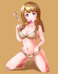 Rule 34 | 1girl, adjusting bra, adjusting clothes, barefoot, bikini, bow, bow bra, bow panties, bra, breasts, brown background, brown bikini, brown eyes, brown hair, brown panties, busan no hamaguchi, closed mouth, commentary, condom, condom in mouth, condom wrapper, full body, heart, highres, idolmaster, idolmaster million live!, kneeling, light blush, long hair, looking at viewer, medium breasts, miyao miya, mouth hold, navel, panties, purple eyes, shadow, simple background, smile, solo, swimsuit, underwear, underwear only