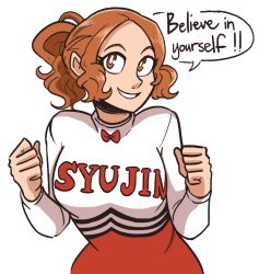 Rule 34 | alternate hairstyle, arms up, bow, bowtie, breasts, cheering, cheerleader, clenched hands, english text, large breasts, looking at viewer, official alternate costume, okumura haru, persona, persona 5, ponytail, scruffyturtles, skirt, solo