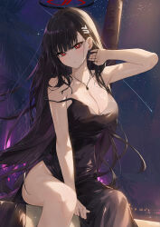 Rule 34 | 1girl, bare shoulders, black dress, black hair, blue archive, blush, breasts, cleavage, collarbone, dema hmw, dress, hair ornament, hairclip, halo, highres, large breasts, long hair, looking at viewer, night, night sky, red eyes, rio (blue archive), sitting, sky, thighs, very long hair