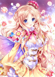 Rule 34 | 1girl, :d, atelier (series), atelier meruru, blonde hair, blue eyes, blush, bow, bowtie, braid, breasts, cape, cleavage, cleavage cutout, clothing cutout, collar, cowboy shot, crown, female focus, floral print, flower, french braid, frilled collar, frilled shirt collar, frills, hand on own cheek, hand on own face, long hair, looking at viewer, merurulince rede arls, nogi takayoshi, open mouth, pleated skirt, red bow, simple background, skirt, small breasts, smile, solo, very long hair, yellow skirt