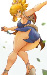 Rule 34 | 1girl, absurdres, alterlesott, ass, blonde hair, blue dress, blue eyes, breasts, dr. stone, dress, falling leaves, from below, highres, holding, holding knife, kneepits, knife, kohaku (dr. stone), large breasts, leaf, legs, looking at viewer, motion blur, open mouth, outstretched arm, platform footwear, ponytail, rope belt, sandals, shield, short hair, simple background, sleeveless, sleeveless dress, smile, solo, teeth, thighs, twisted torso, upper teeth only, white background