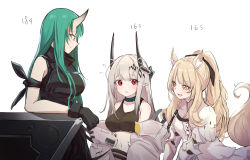 Rule 34 | 3girls, absurdres, animal ears, arknights, arm ribbon, armor, bare shoulders, black gloves, black ribbon, blemishine (arknights), blonde hair, breastplate, breasts, brown eyes, closed mouth, collar, collarbone, dress, flying sweatdrops, gloves, green hair, hair ornament, height chart, highres, horse ears, horse girl, horse tail, hoshiguma (arknights), infection monitor (arknights), large breasts, long hair, long sleeves, looking at another, looking at viewer, looking down, material growth, mudrock (arknights), multiple girls, navel, open clothes, open mouth, oripathy lesion (arknights), parted lips, ponytail, red eyes, ribbon, shield, sidelocks, silver hair, simple background, sleeveless, smile, sports bra, tail, upper body, very long hair, white background, white dress, yakurope-moko