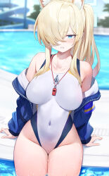 1girl animal_ears bare_shoulders blonde_hair blue_archive blue_eyes blue_jacket blush breasts clenched_teeth collarbone covered_navel dog_ears extra_ears hair_over_one_eye halo highres jacket kanna_(blue_archive) kanna_(swimsuit)_(blue_archive) large_breasts long_hair long_sleeves looking_at_viewer off_shoulder one-piece_swimsuit ponytail pool poolside raijuu_(bakanara) sharp_teeth sidelocks sitting solo swimsuit teeth thighs white_one-piece_swimsuit